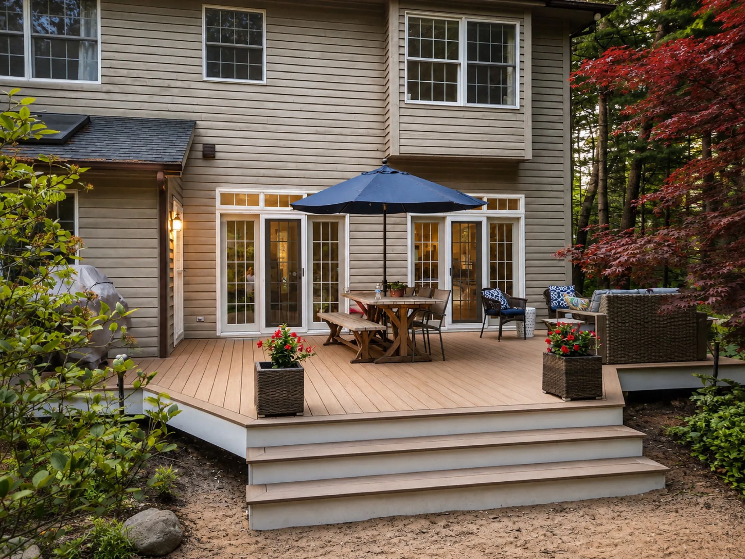 Composite deck with picnic table, navy umbrella, and wicker seating outside French patio doors, framed by a red maple