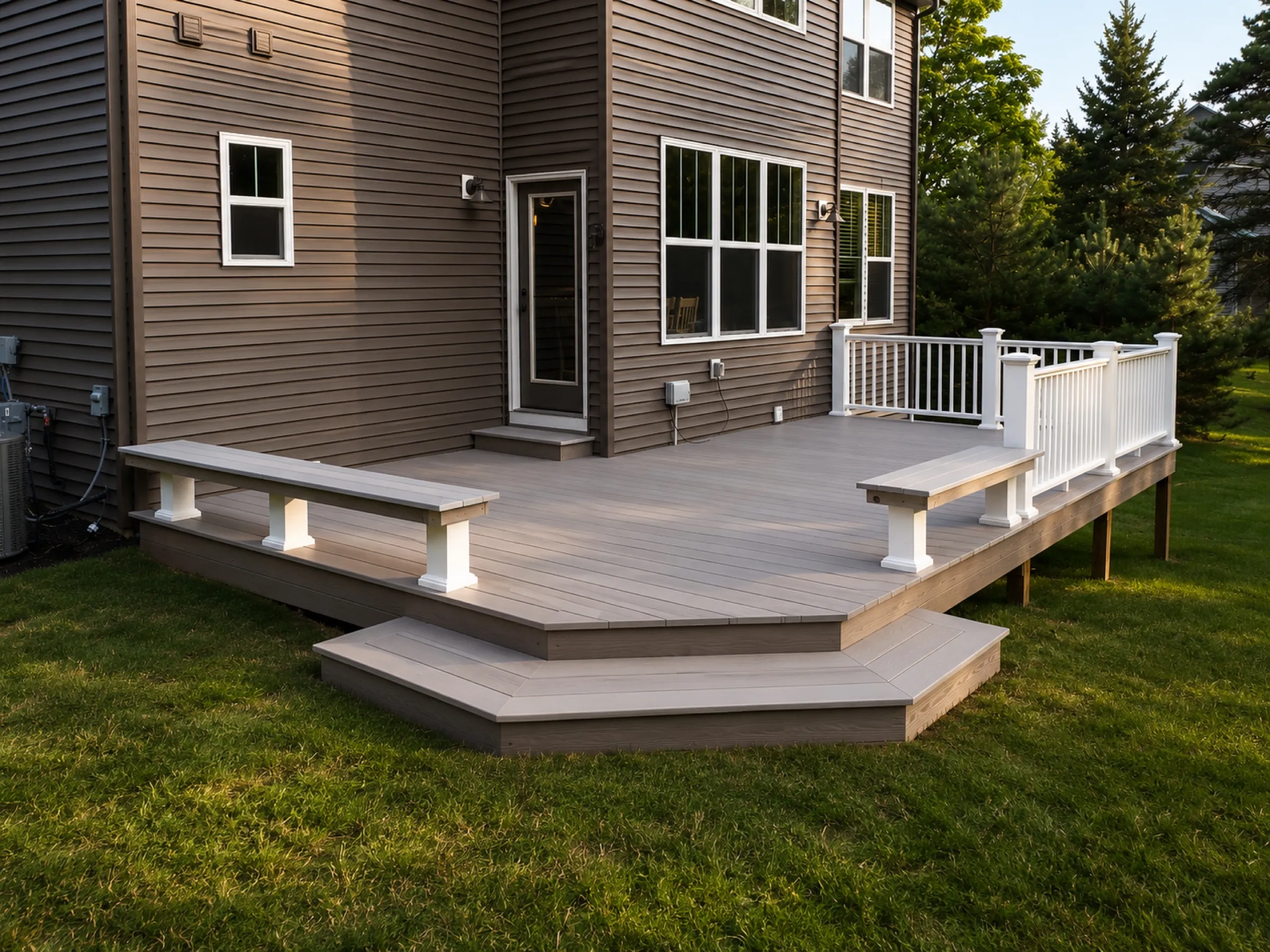 Gray composite deck with two built-in benches on white posts and octagonal wrap-around steps