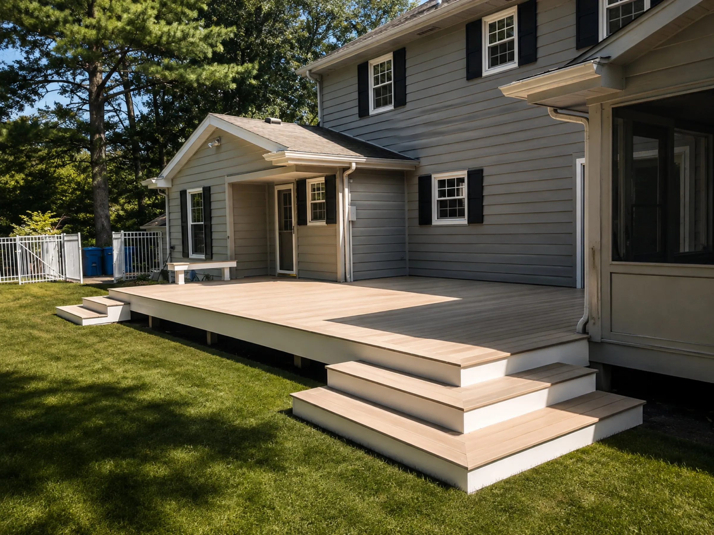 Light composite platform deck with white fascia and wrap-around corner steps on a gray two-story home