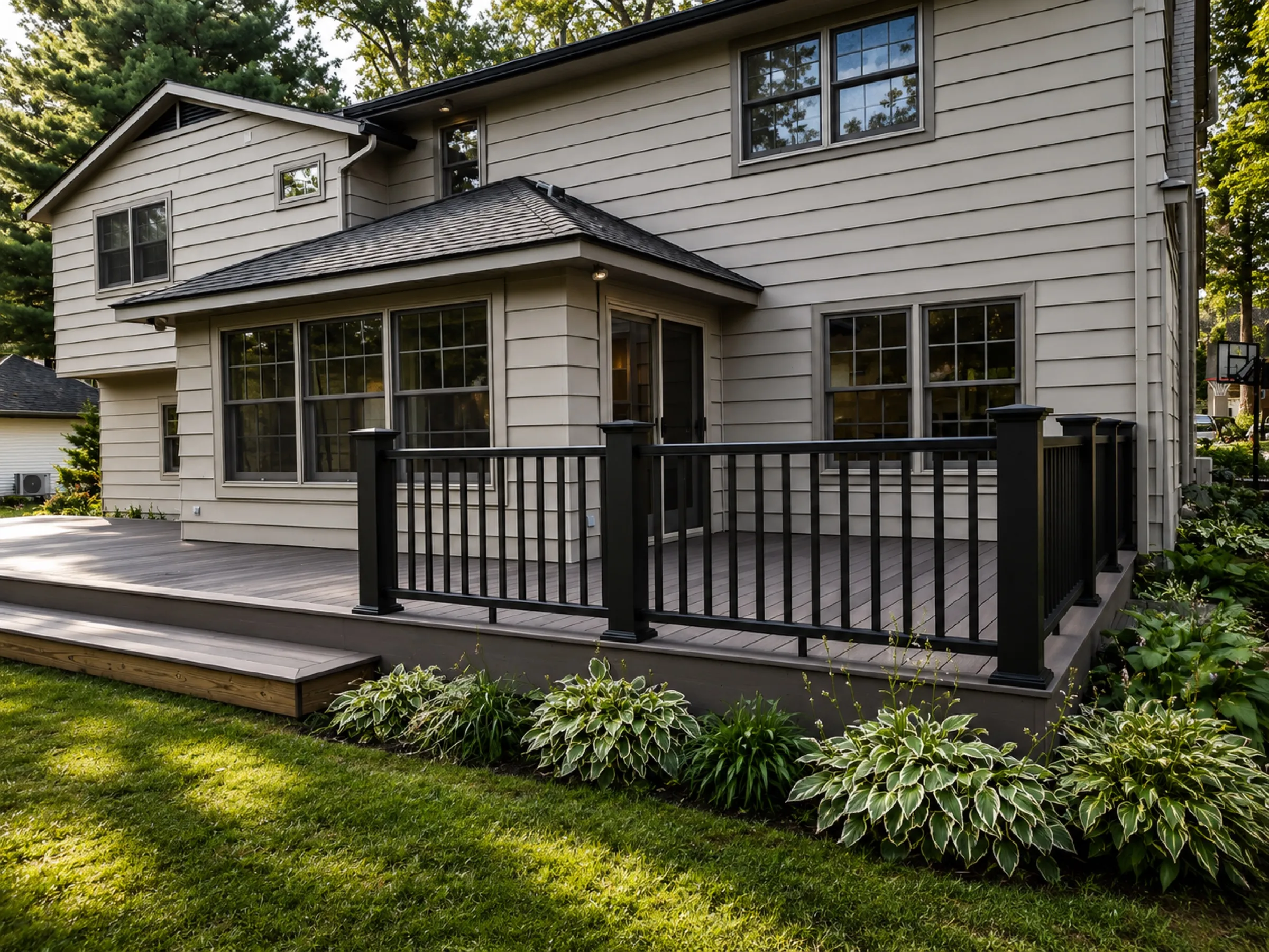Composite deck with black aluminum railing and hosta landscaping along the base, with a wood accent step to the lawn