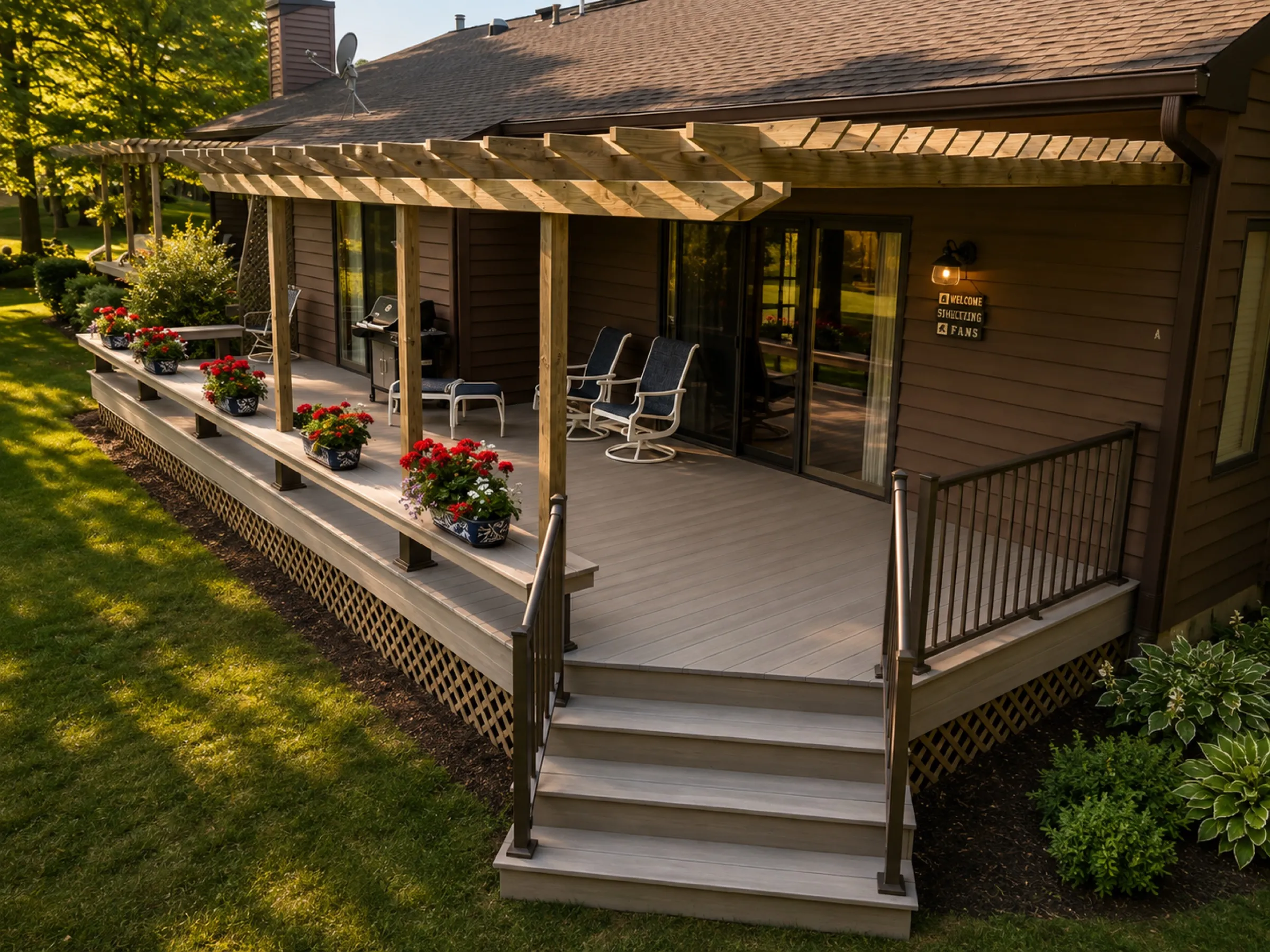 Long composite deck with a wood pergola overhead, red flower planters, and patio seating on a brown ranch home