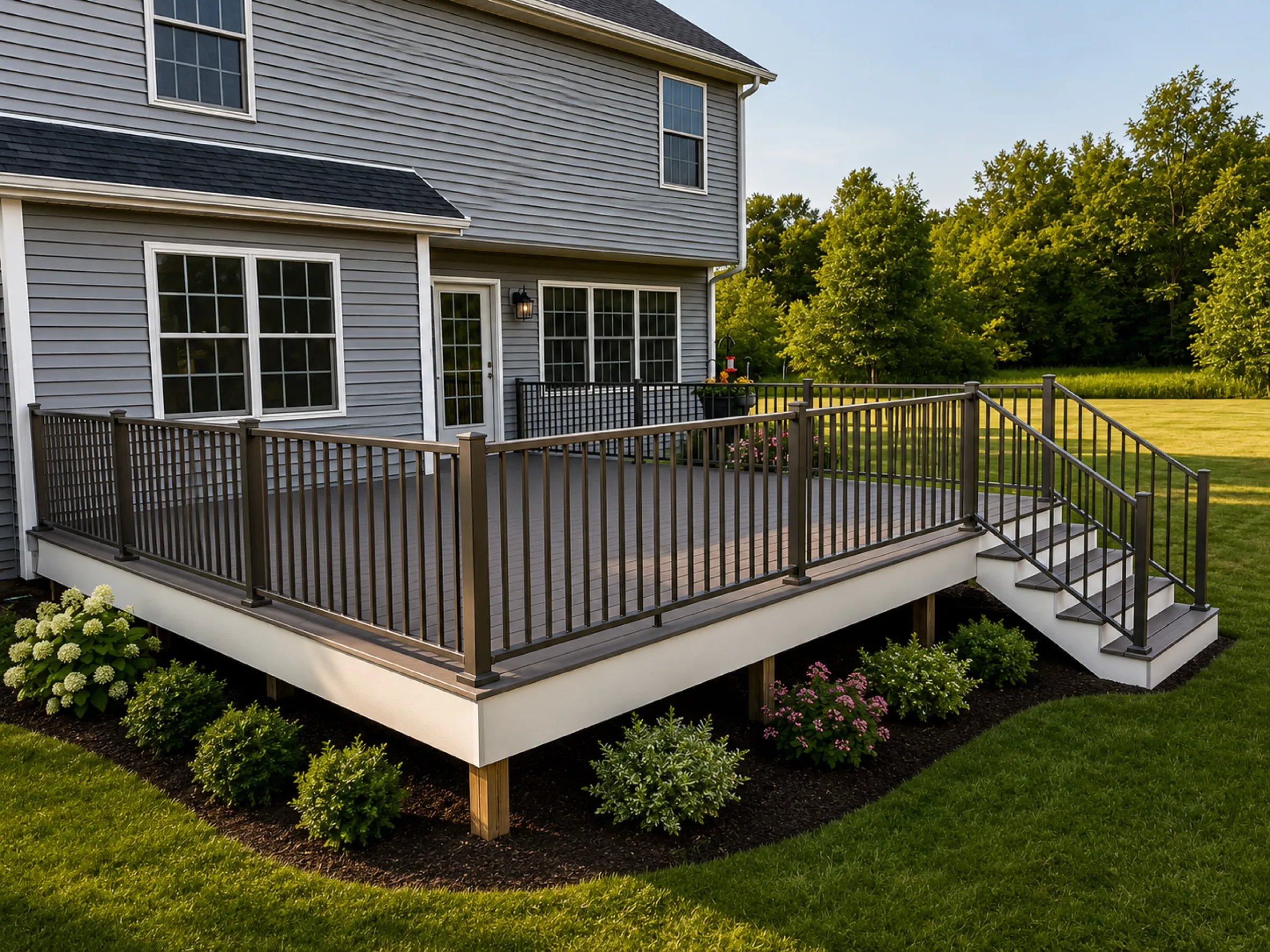 Gray composite deck with bronze aluminum railing, white fascia, and corner stairs on a gray colonial