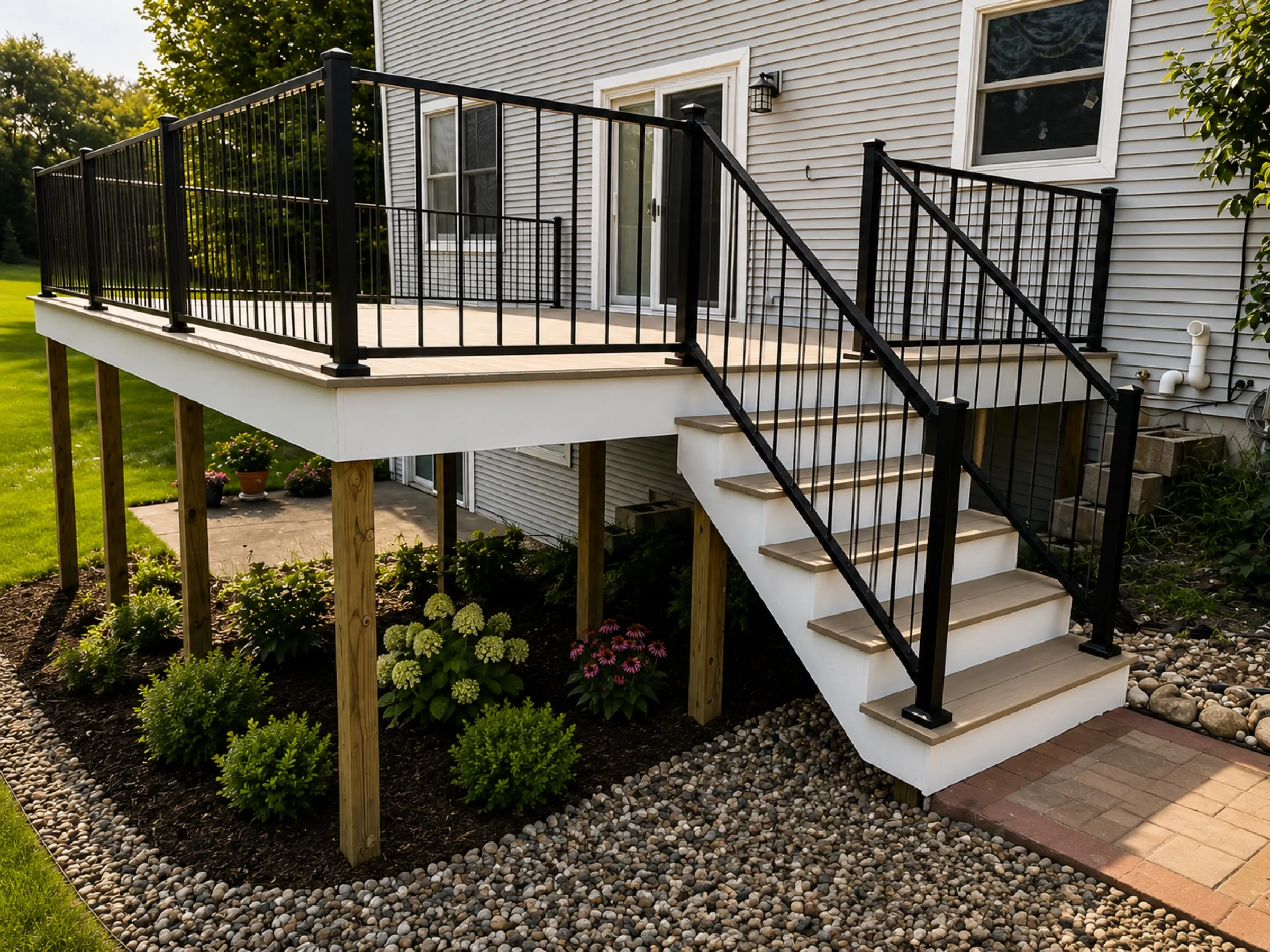 Elevated composite deck on wood posts with black aluminum railing, stairs down to a paver patio and river-rock landscaping
