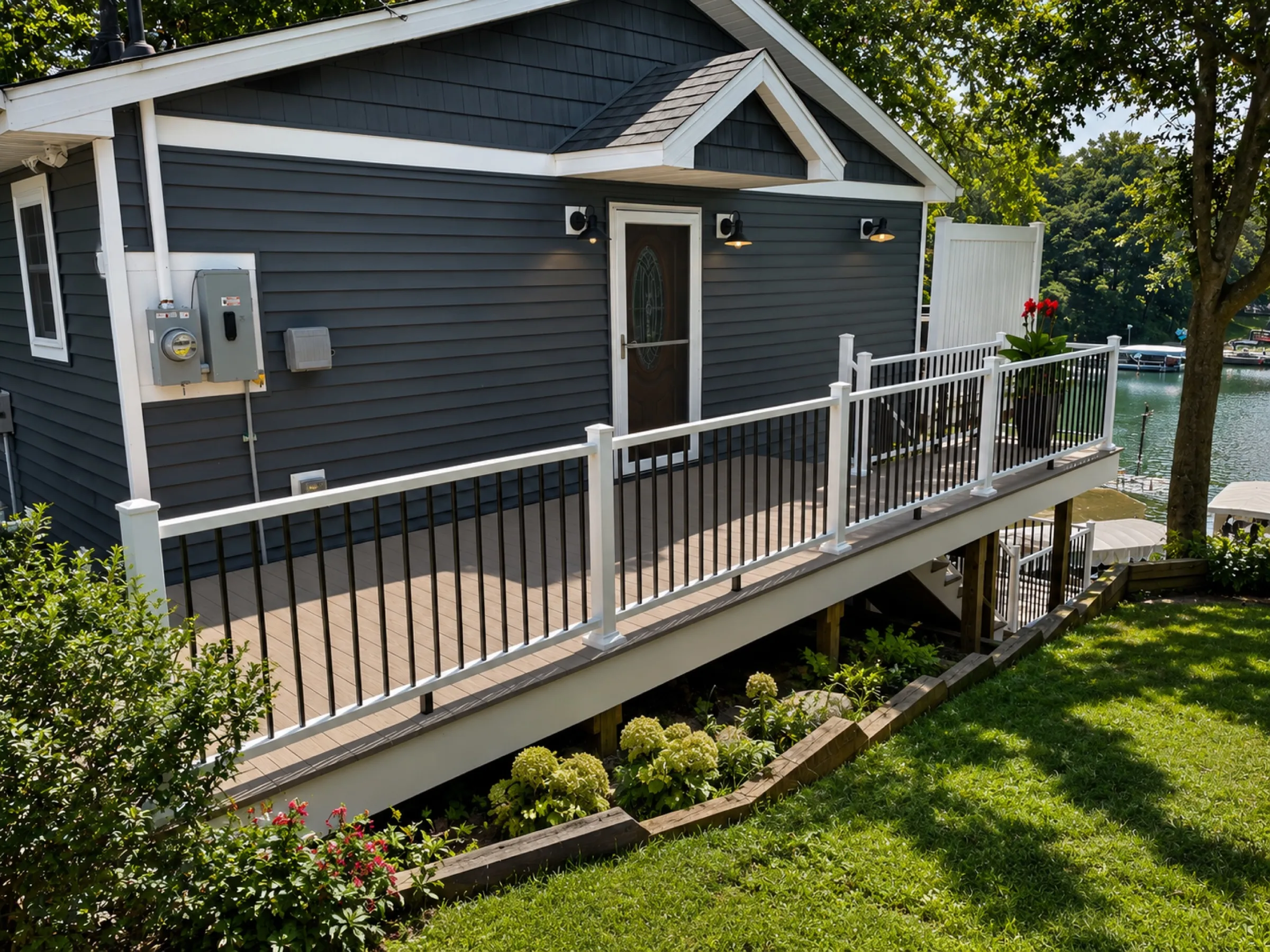Composite deck with white post and black baluster railing on a navy lake cottage overlooking a boat channel