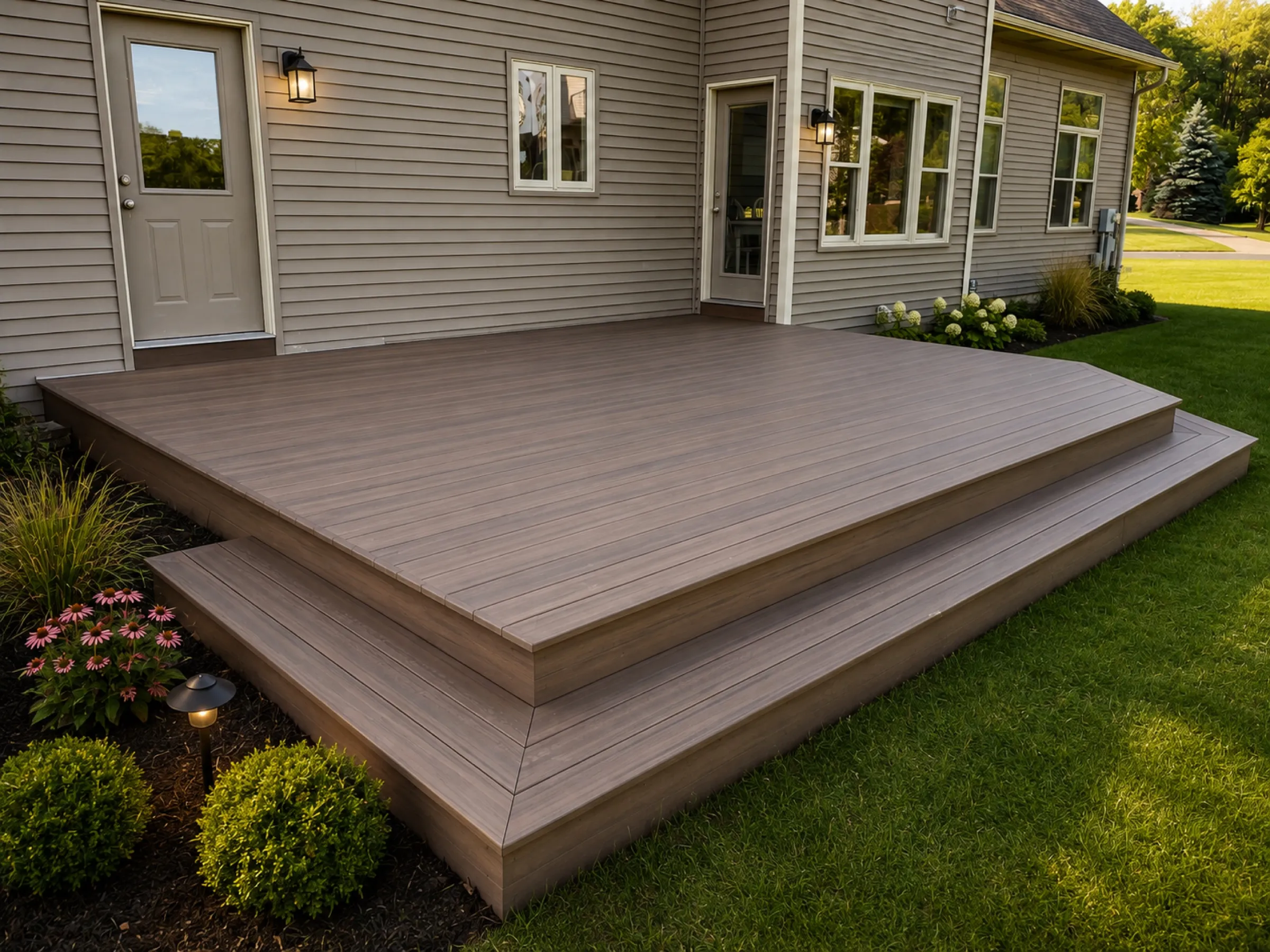 Low composite deck in a rich brown tone with two wide steps down to the yard, bordered by boxwoods and coneflowers
