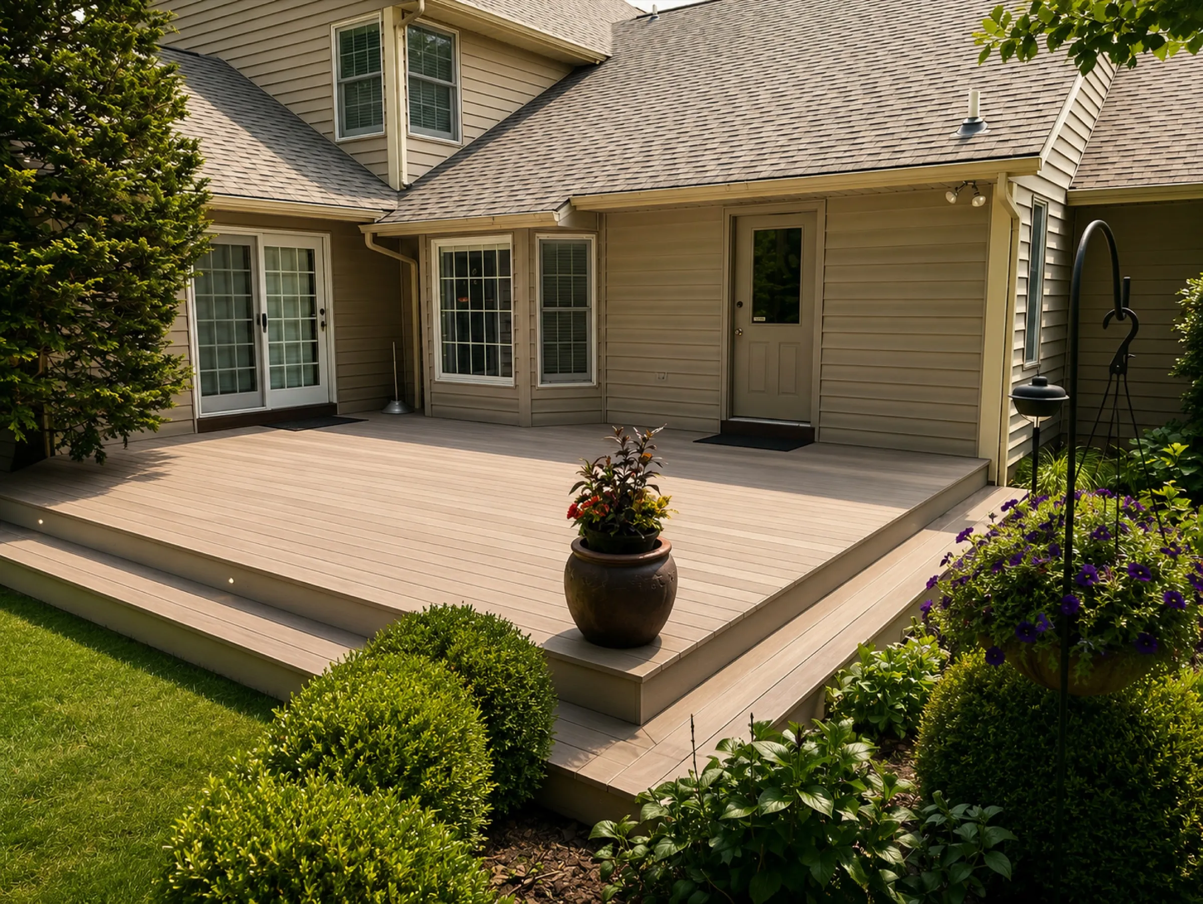 Light composite platform deck with wrap-around steps and a large flower planter, outside a pair of patio doors