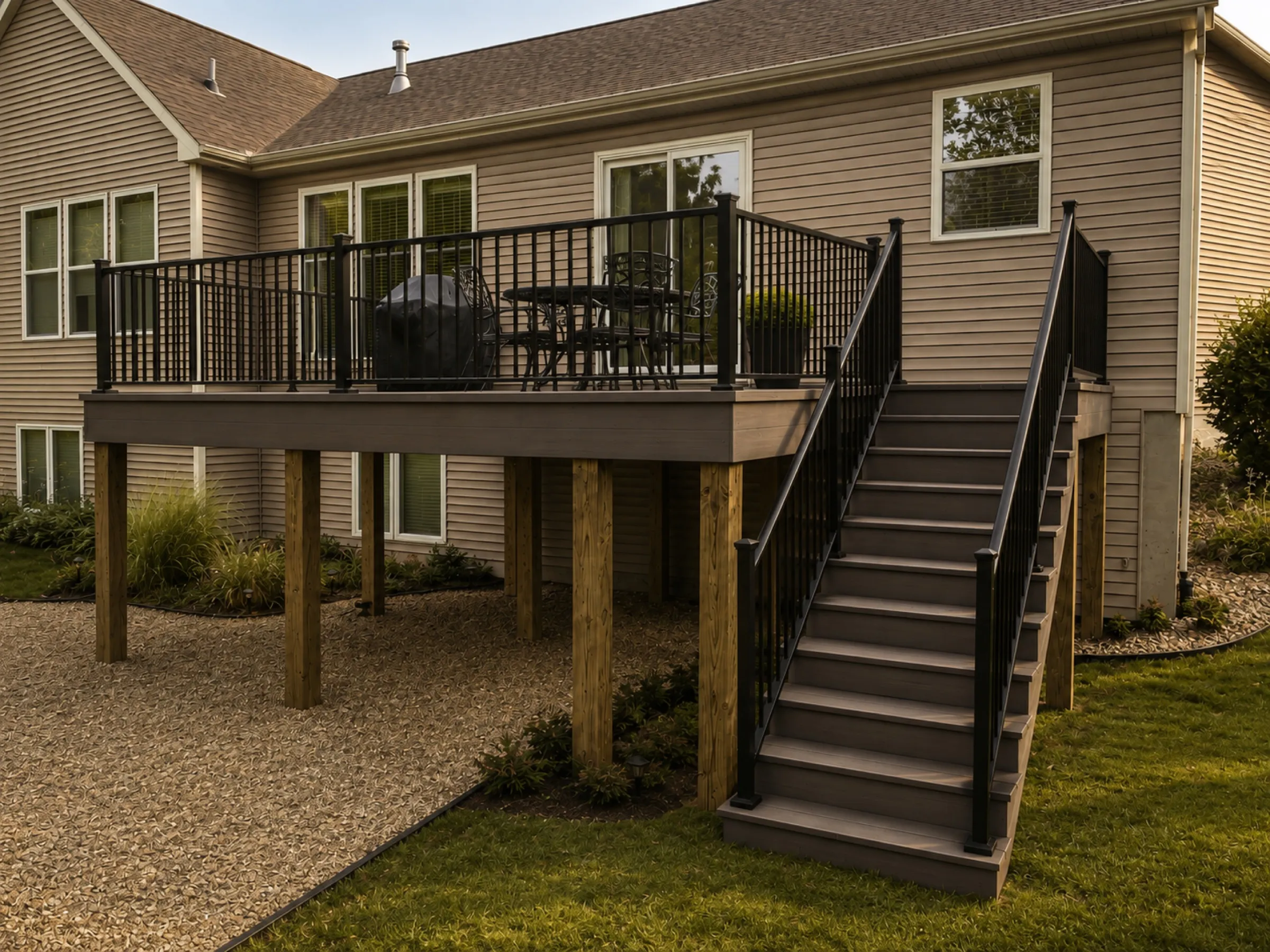 Elevated composite deck on wood posts with black aluminum railing and a wide staircase down to the yard
