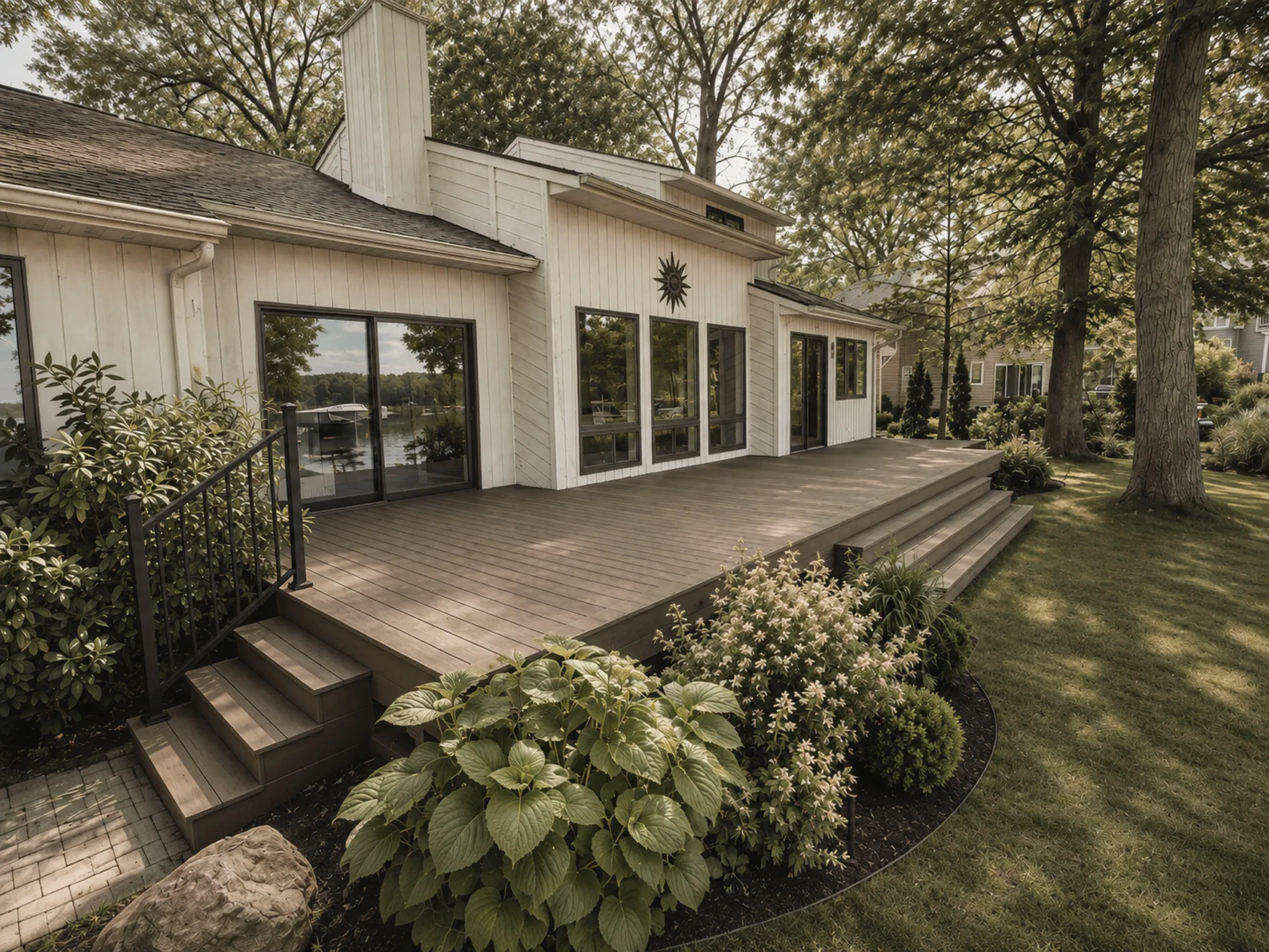 Wide composite deck on a lakefront home with broad steps down to the lawn and fresh landscaping