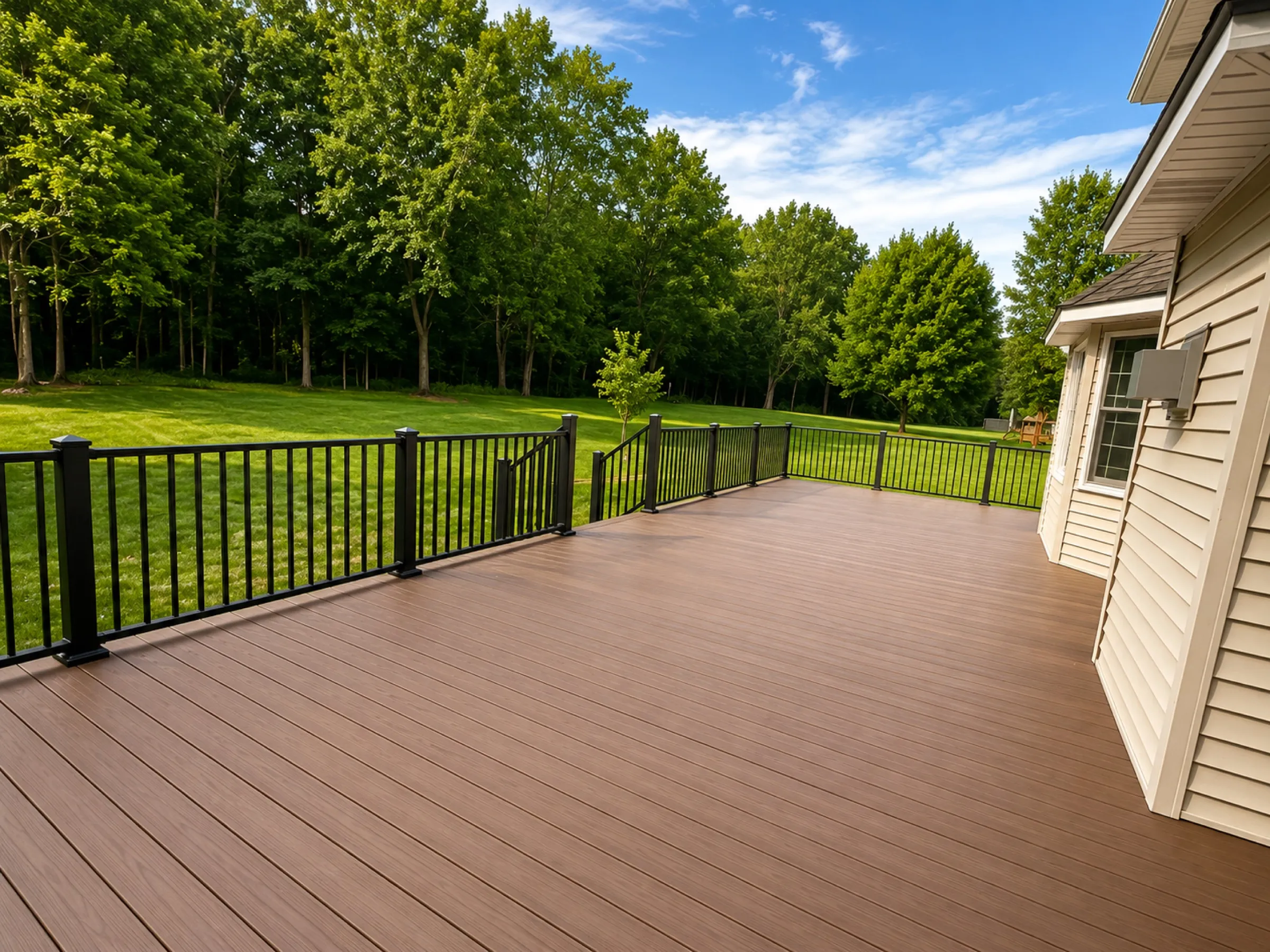 Expansive brown composite deck with black aluminum railing overlooking a wooded backyard