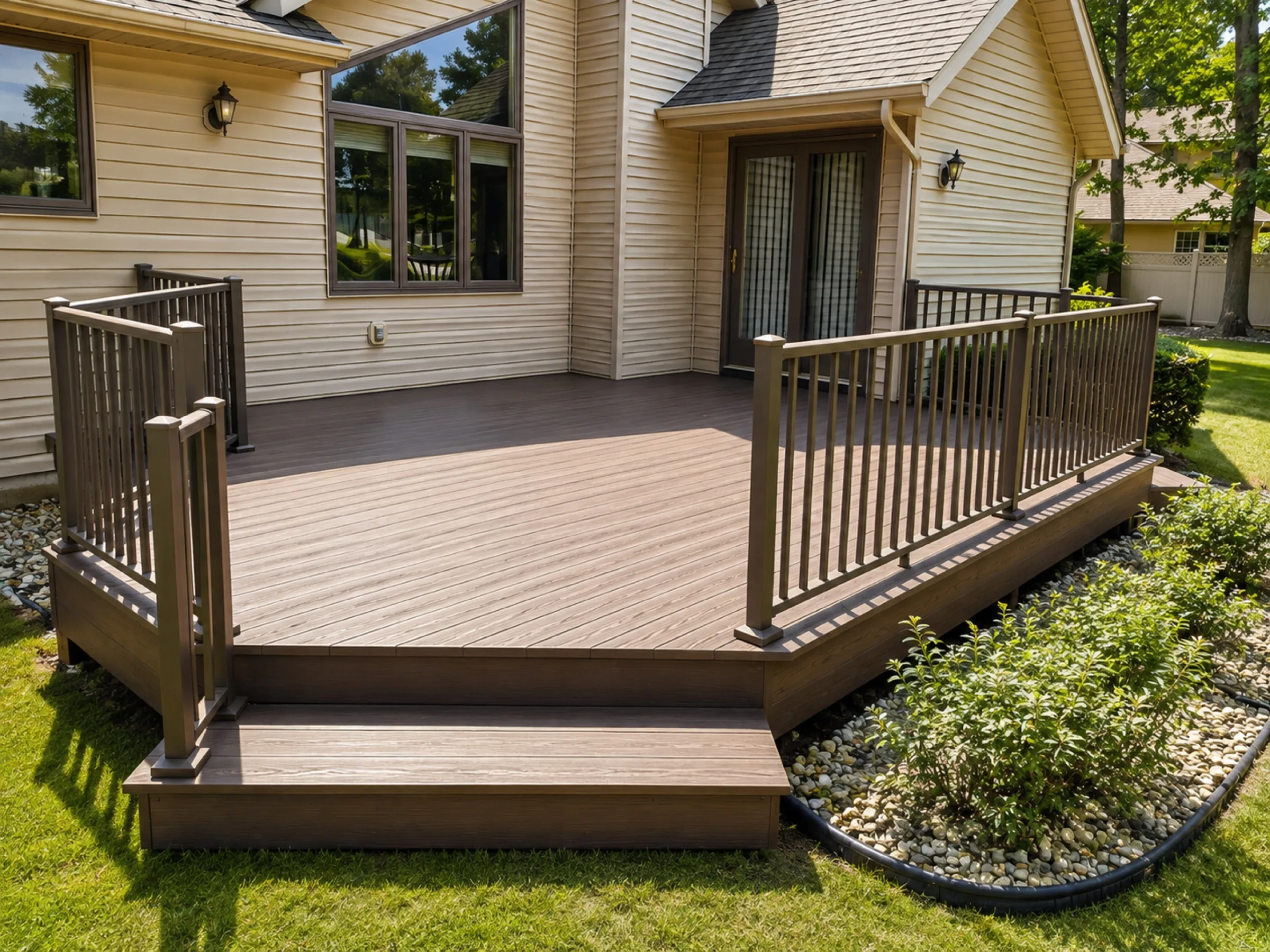 Angled composite deck in two brown tones with matching composite railing outside a double patio door