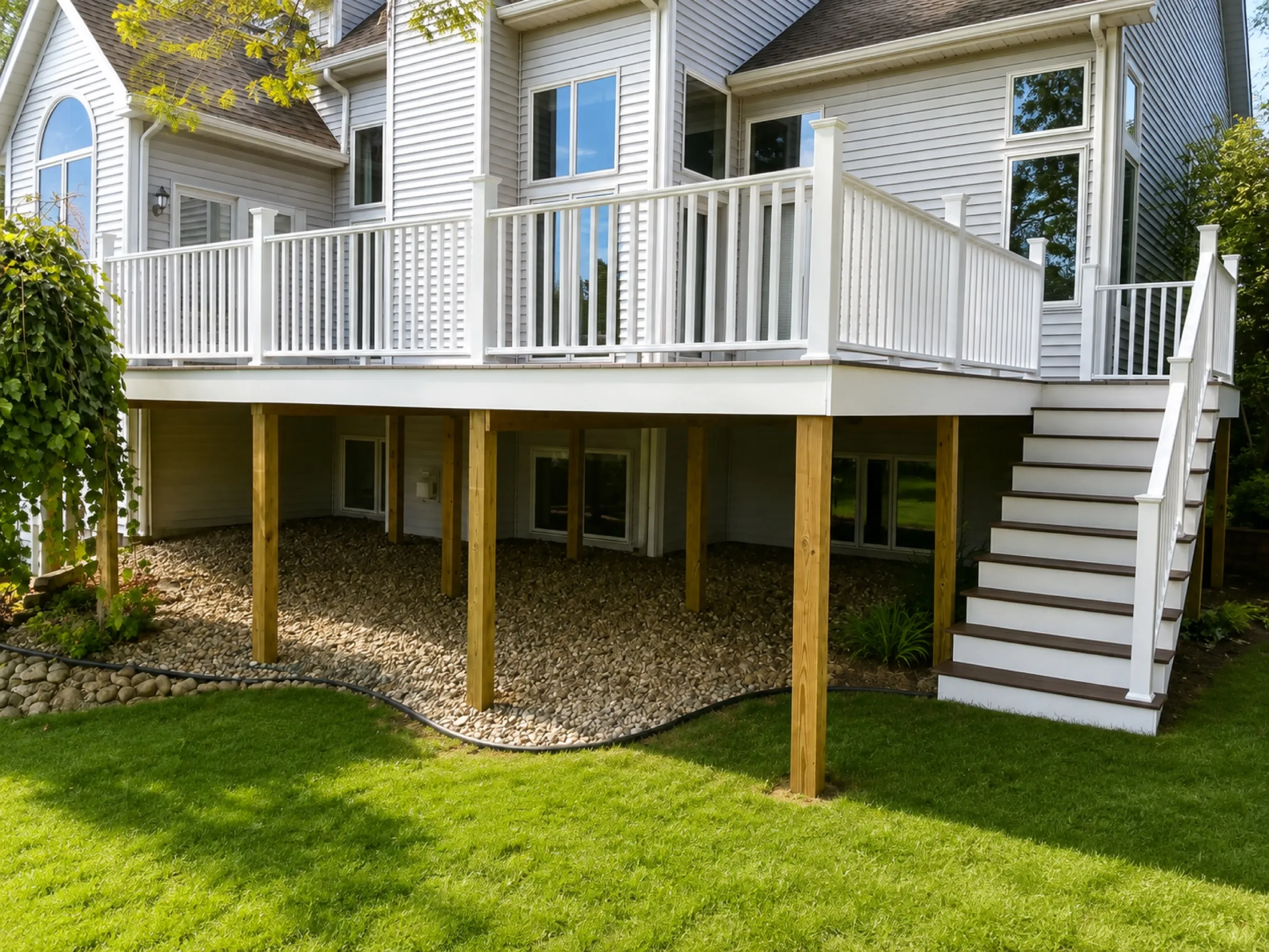 White-railed second-story deck on natural wood posts with a composite staircase and river-rock ground cover below
