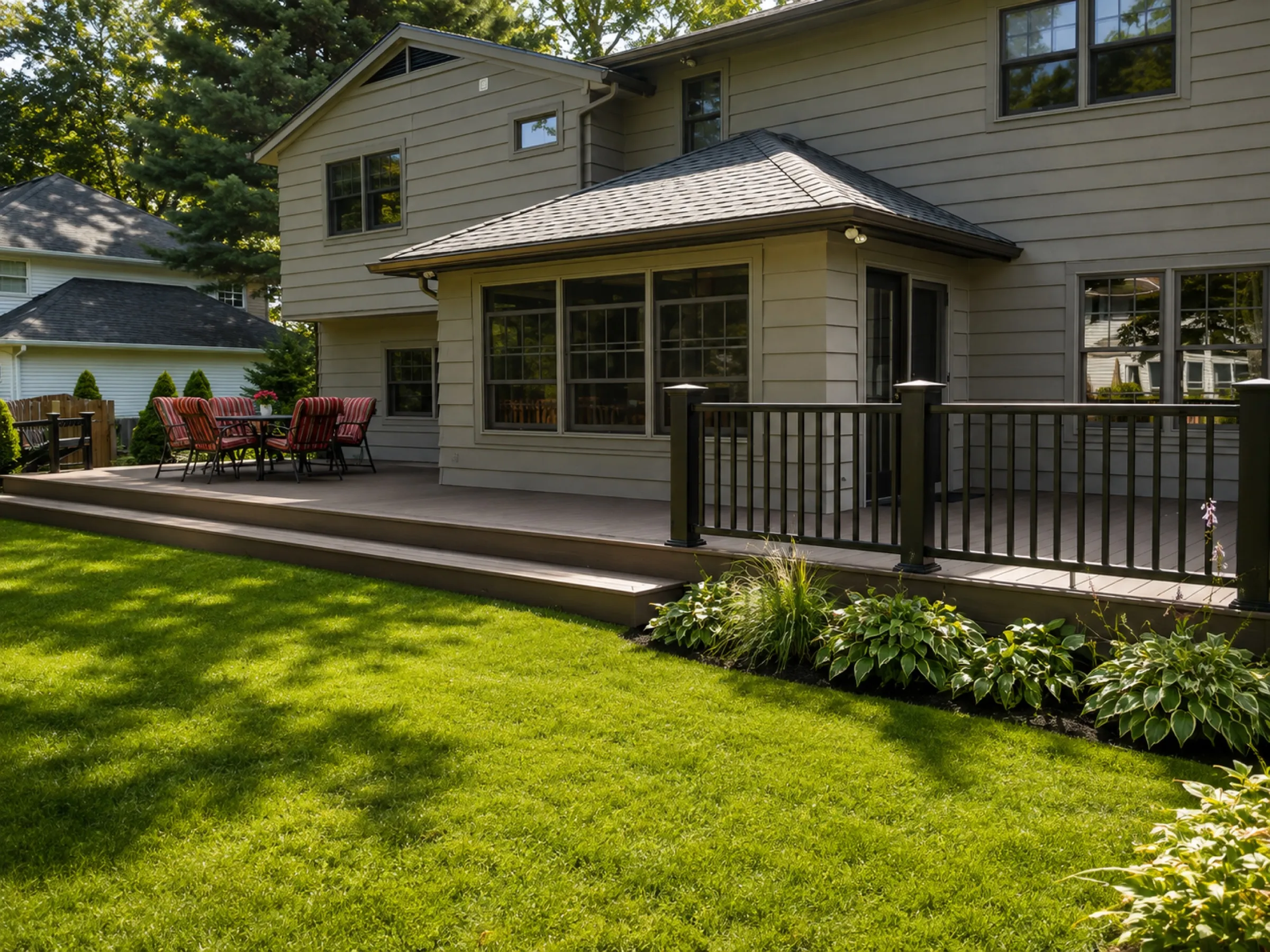 Long, low composite deck with dark aluminum railing and striped patio chairs on a split-level home