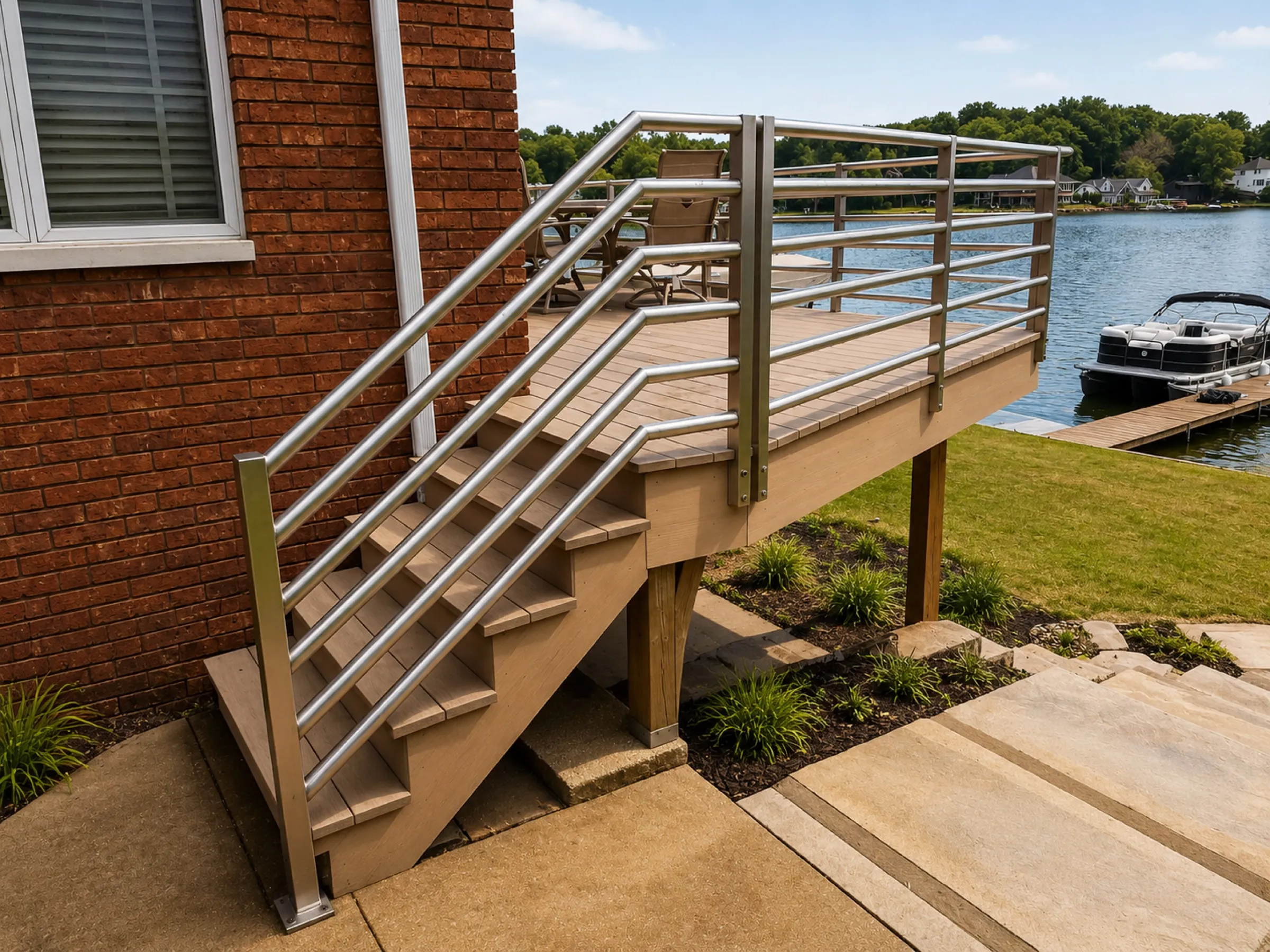 Wood-tone composite deck with round stainless steel railing on a brick lake house, pontoon boat docked beyond