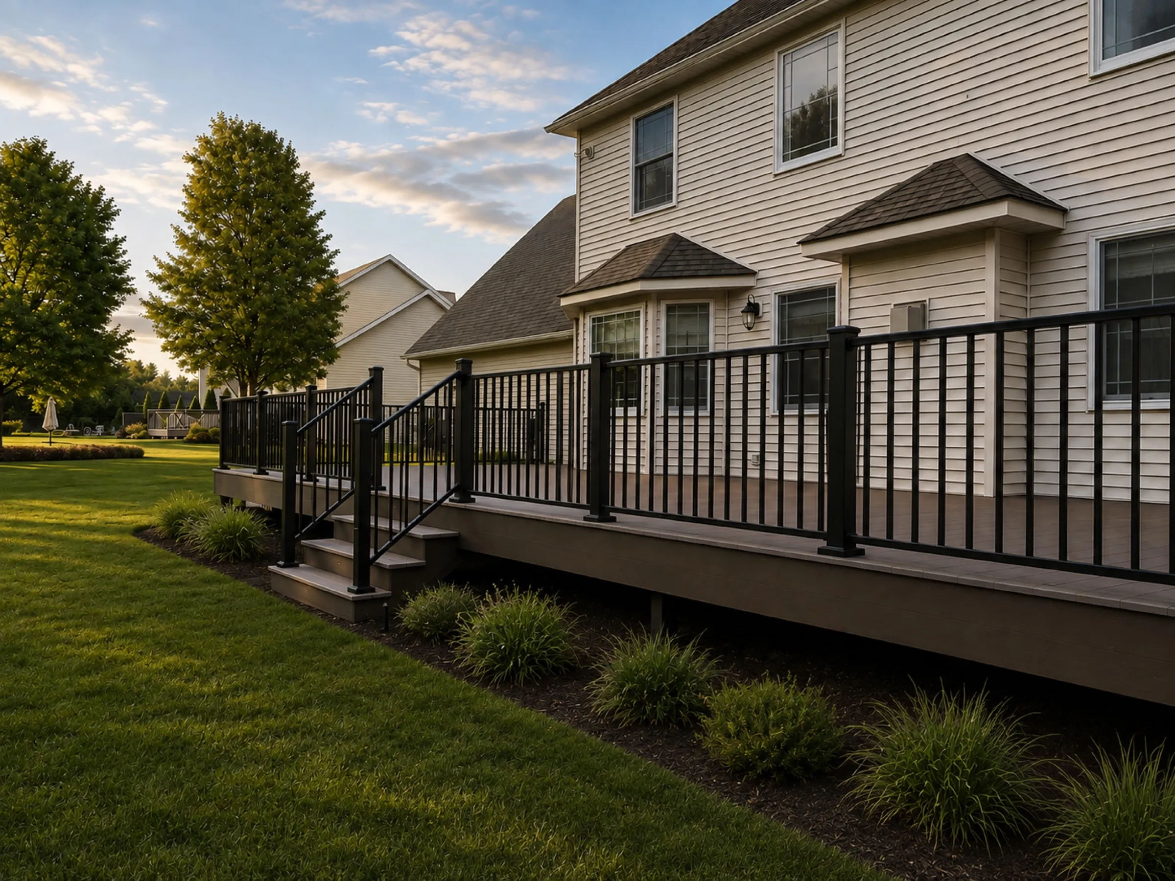 Long dark-stained deck with black aluminum railing and corner steps on a cream colonial at dusk