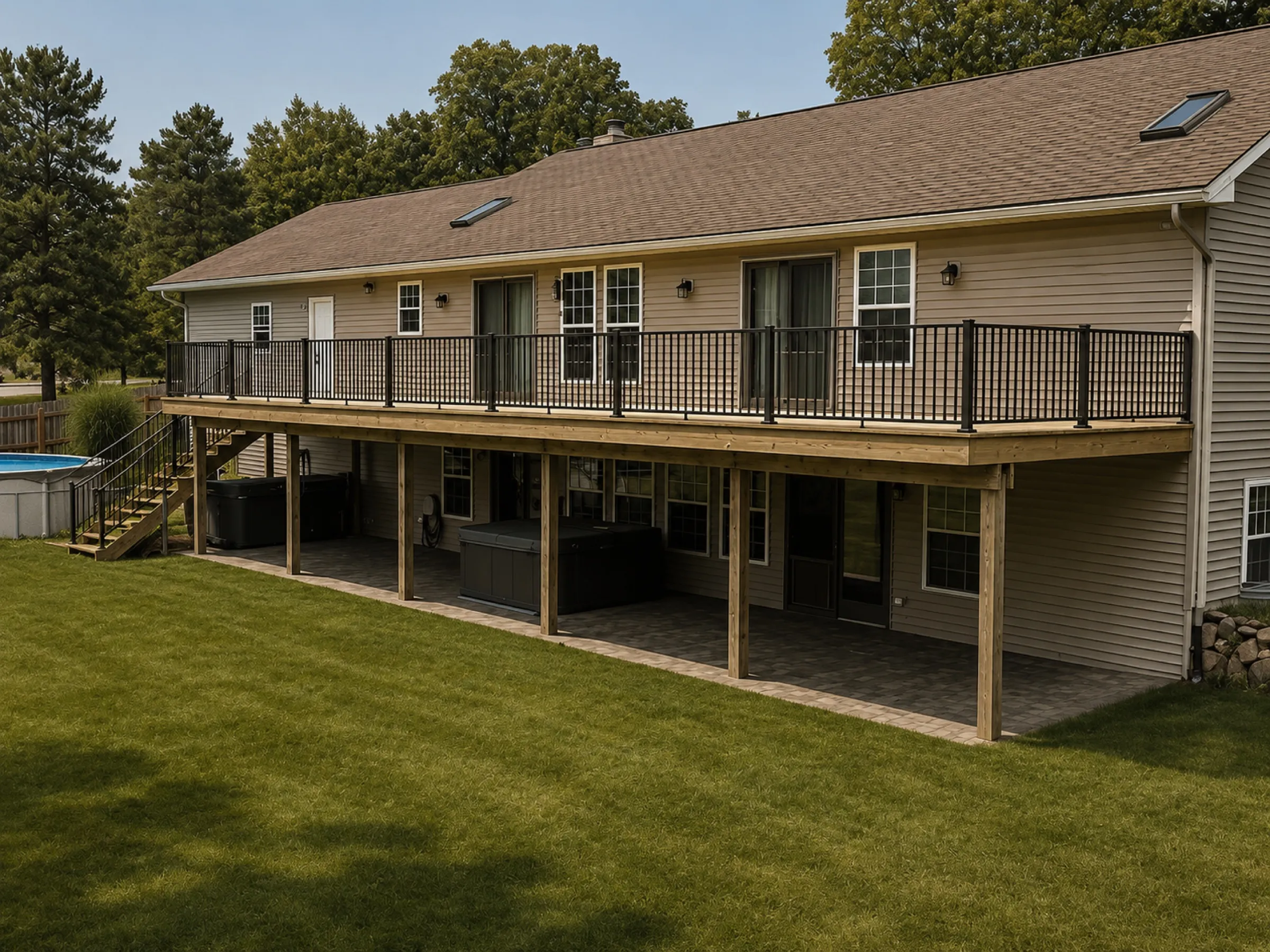 Long treated wood deck with black aluminum railing running the full length of a ranch home, with a paver patio underneath