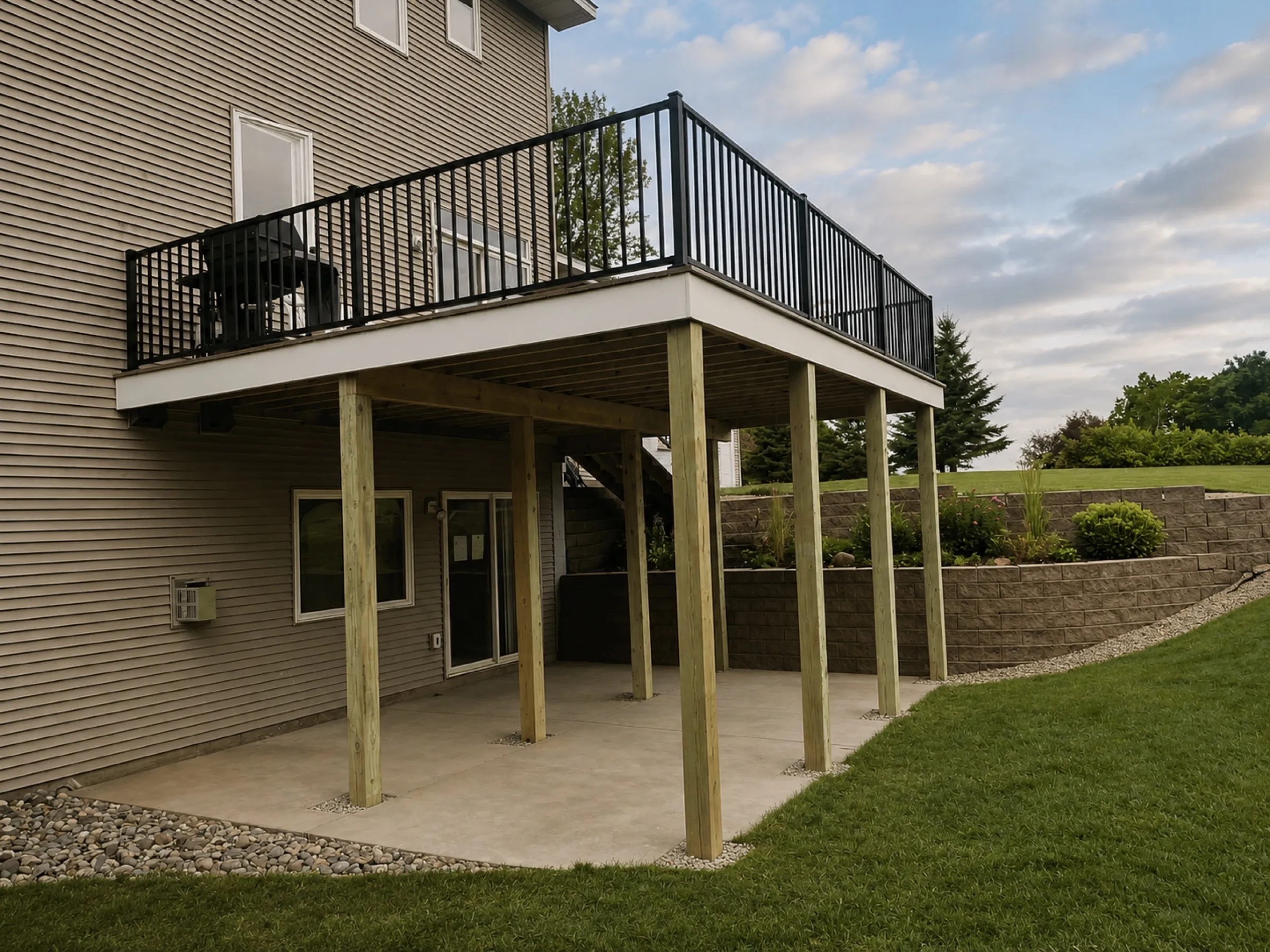 Elevated wood-framed deck with black aluminum railing and white fascia over a concrete patio, beside a terraced retaining wall